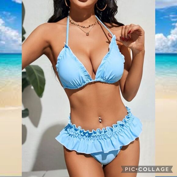 Other - Baby Blue Ditsy Triangle High Waisted Ruffle Trim Bikini Size Medium